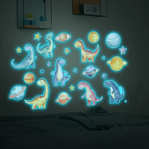 Pegatinas de Pared de Dinosaurio Planeta que Brillan en la Oscuridad para Dormitorio Infantil Dibujos Animados Luminoso PVC