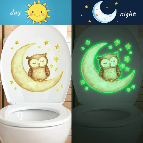 Luminous Cartoon Owl Moon Star Toilet Seat Sticker Glow In The Dark PVC Waterproof Bathroom Decor Removable Decal