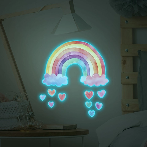 Stickers Muraux Lumineux Aquarelle Arc-en-Ciel Nuage Coeur PVC Auto-Adhésif Amovible Phosphorescent Pour Décoration De Chambre D'Enfant Salon