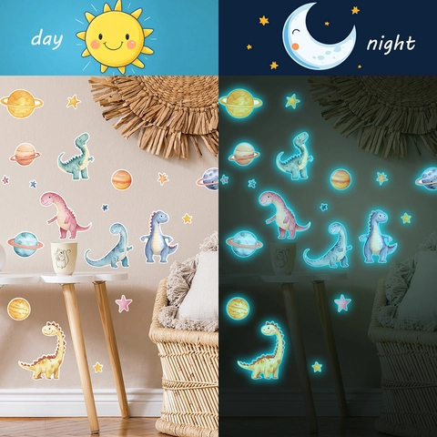 Pegatinas de Pared de Dinosaurio Planeta que Brillan en la Oscuridad para Dormitorio Infantil Dibujos Animados Luminoso PVC