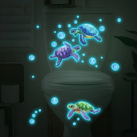 Adesivo per Gabinetto Tartaruga Marina Fluorescente Decalcomania da Parete Bagno Vita Oceanica Impermeabile in PVC