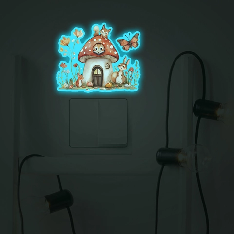 Pegatina de Pared Luminosa Dibujos Animados Casa de Hongos Animales Brillo en la Oscuridad Bosque Conejo Ardilla Interruptor