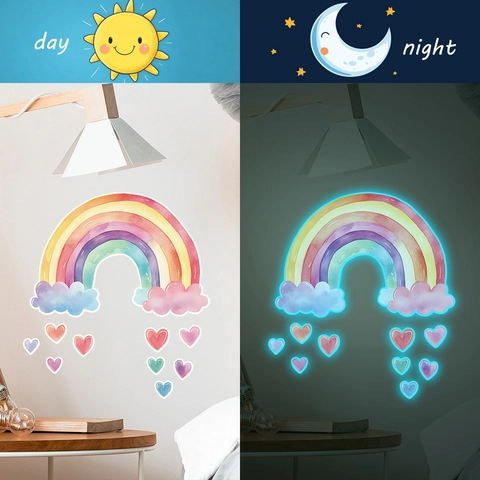 Stickers Muraux Lumineux Aquarelle Arc-en-Ciel Nuage Coeur PVC Auto-Adhésif Amovible Phosphorescent Pour Décoration De Chambre D'Enfant Salon