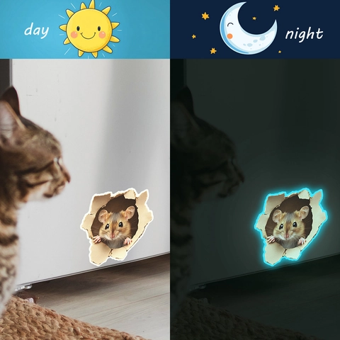 Adhesivo de Pared 3D Agujero de Ratón Luminoso Brilla en la Oscuridad Dibujos Animados Ratón PVC Calcomanía para Cuarto Niños