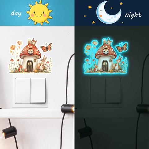 Pegatina de Pared Luminosa Dibujos Animados Casa de Hongos Animales Brillo en la Oscuridad Bosque Conejo Ardilla Interruptor