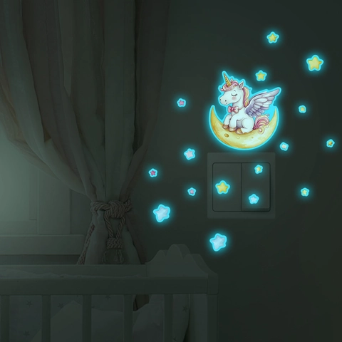 Leuchtende Cartoon Einhorn Wandaufkleber Mond Sterne Fluoreszierende Dekorative Schalter Aufkleber Für Kinderzimmer Schlafzimmer PVC Wandtattoo