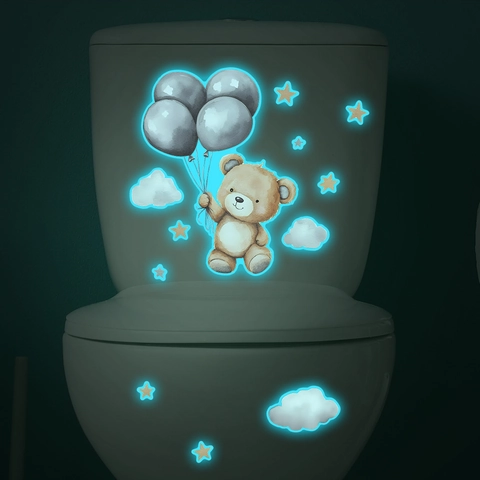 Adhesivo de Inodoro Luminoso Oso de Dibujos Animados Globo Nube Estrellas Glow In The Dark PVC Calcomanía de Pared para Baño Hogar