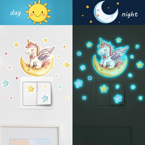 Leuchtende Cartoon Einhorn Wandaufkleber Mond Sterne Fluoreszierende Dekorative Schalter Aufkleber Für Kinderzimmer Schlafzimmer PVC Wandtattoo