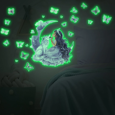 Adesivi Murali Luminosi Fantasy Fluorescenti al Buio in PVC Con Motivo Lupo Ragazza Luna Farfalla per Cameretta Bambini Casa