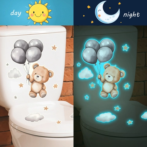 Adhesivo de Inodoro Luminoso Oso de Dibujos Animados Globo Nube Estrellas Glow In The Dark PVC Calcomanía de Pared para Baño Hogar