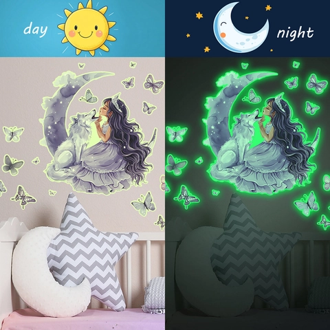 Adesivi Murali Luminosi Fantasy Fluorescenti al Buio in PVC Con Motivo Lupo Ragazza Luna Farfalla per Cameretta Bambini Casa