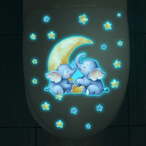 Leuchtend Cartoon Elefant Mond Sterne Toilettenaufkleber Glow In The Dark PVC Wasserdicht Selbstklebend Wandtattoos Wohnkultur