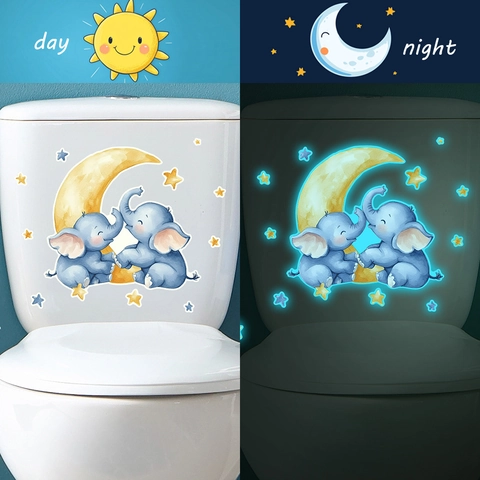 Leuchtend Cartoon Elefant Mond Sterne Toilettenaufkleber Glow In The Dark PVC Wasserdicht Selbstklebend Wandtattoos Wohnkultur