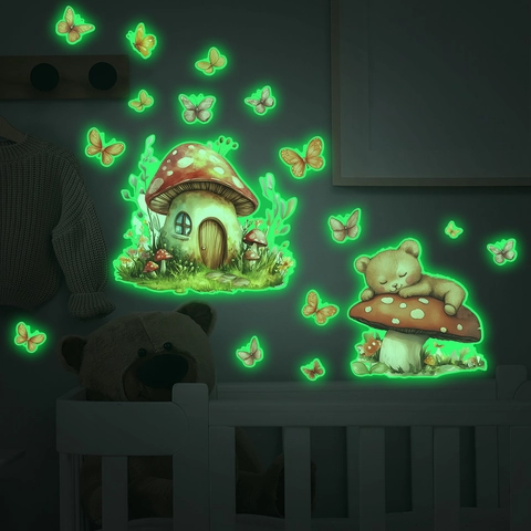 Adesivi Murali Luminosi Cartone Animato Casa Fungo Orso PVC Fluorescente Bagliore Notturno DIY Per Camera Bambini Casa