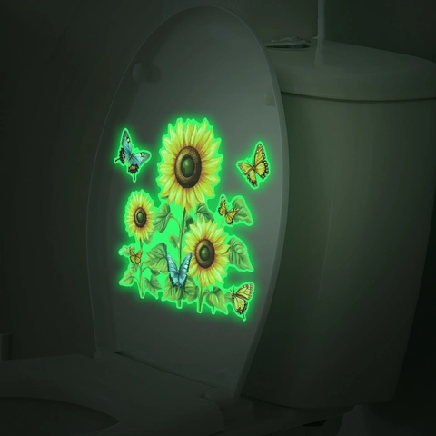 Adesivo per Inodoro Luminoso con Girasole e Farfalla Fluorescente in PVC Impermeabile per Bagno Decorazione Moderna Casa