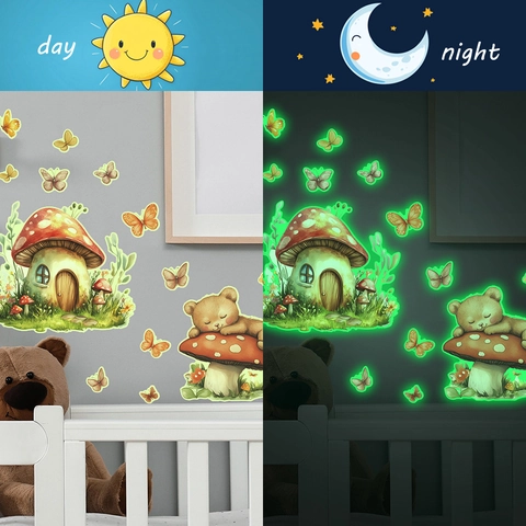 Adesivi Murali Luminosi Cartone Animato Casa Fungo Orso PVC Fluorescente Bagliore Notturno DIY Per Camera Bambini Casa