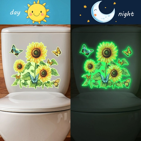 Adesivo per Inodoro Luminoso con Girasole e Farfalla Fluorescente in PVC Impermeabile per Bagno Decorazione Moderna Casa