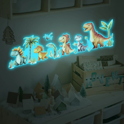 Adesivo da Parete Luminoso Dinosauro Cartone Animato Brilla al Buio Fluorescente PVC Removibile per Cameretta Bambini Camera da Letto Decorazione