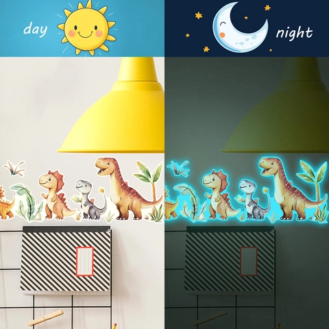 Adesivo da Parete Luminoso Dinosauro Cartone Animato Brilla al Buio Fluorescente PVC Removibile per Cameretta Bambini Camera da Letto Decorazione