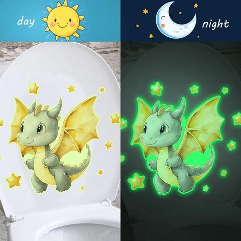 Adesivo per Gabinetto Dinosauro Stella Cartone Animato Fluorescente PVC Impermeabile Autoadesivo Arredo Bagno Casa