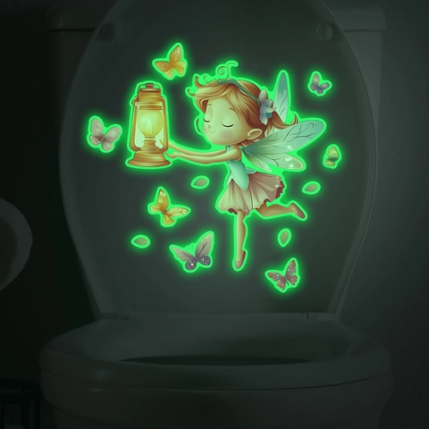 Glow In The Dark Fairy Butterfly Toilet Stickers Luminous Cartoon Girl With Lantern Wall Decals For Bathroom Home Decor