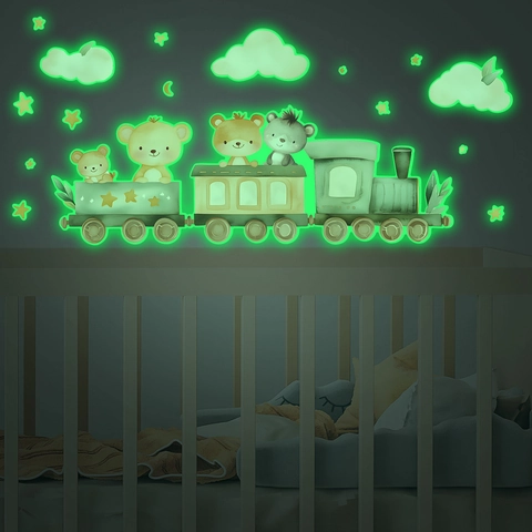 Leuchtende Cartoon Tier Zug Wandsticker Für Kinderzimmer Bär Sterne Im Dunkeln Leuchten PVC Deko Kinderzimmer Wandtattoos