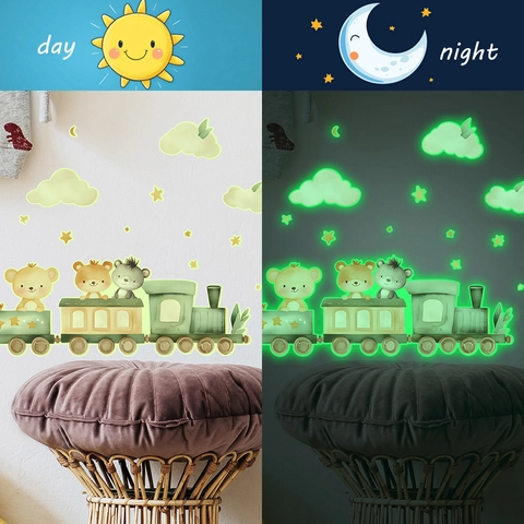 Leuchtende Cartoon Tier Zug Wandsticker Für Kinderzimmer Bär Sterne Im Dunkeln Leuchten PVC Deko Kinderzimmer Wandtattoos