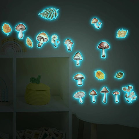 Adesivi Murali Luminosi al Buio Funghi E Foglie d'Autunno Acquerello PVC Adesivi Murali per la Decorazione della Casa
