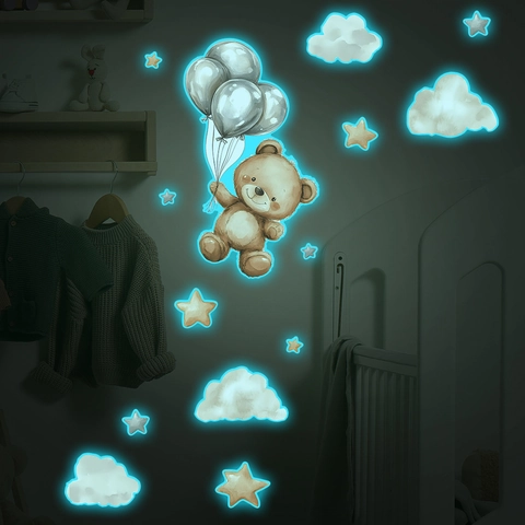 Leuchtender Cartoon Bär Ballon Wolke Stern Wandaufkleber Im Dunkeln Leuchtend PVC Abnehmbar DIY Wandbild Für Kinderzimmer