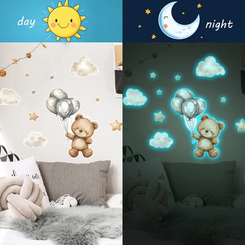 Leuchtender Cartoon Bär Ballon Wolke Stern Wandaufkleber Im Dunkeln Leuchtend PVC Abnehmbar DIY Wandbild Für Kinderzimmer
