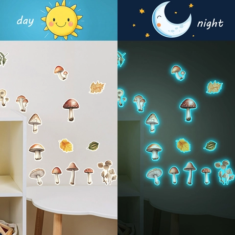 Adesivi Murali Luminosi al Buio Funghi E Foglie d'Autunno Acquerello PVC Adesivi Murali per la Decorazione della Casa