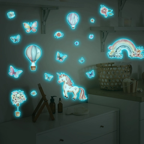 Glow In The Dark Unicorn Wall Stickers Watercolor Rainbow Hot Air Balloon Butterfly Fluorescent Wall Decals For Kids Bedroom Decor
