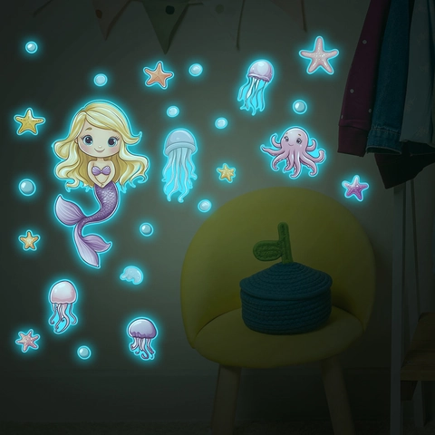 Leuchtende Meerjungfrau Wandaufkleber Ozean Thema Quallen Seestern Aufkleber Für Kinderzimmer Kindergarten Deko DIY Selbstklebend PVC Mural