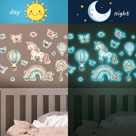 Glow In The Dark Unicorn Wall Stickers Watercolor Rainbow Hot Air Balloon Butterfly Fluorescent Wall Decals For Kids Bedroom Decor