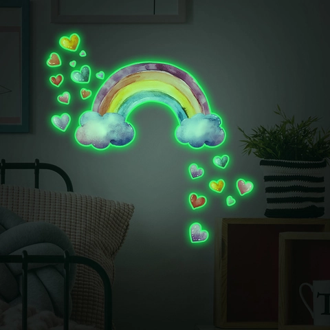 Stickers Muraux Lumineux Arc-en-ciel Nuage Cœur PVC Aquarelle Dessin Animé Décalcomanies Pour Chambre D'enfants Maison Décor