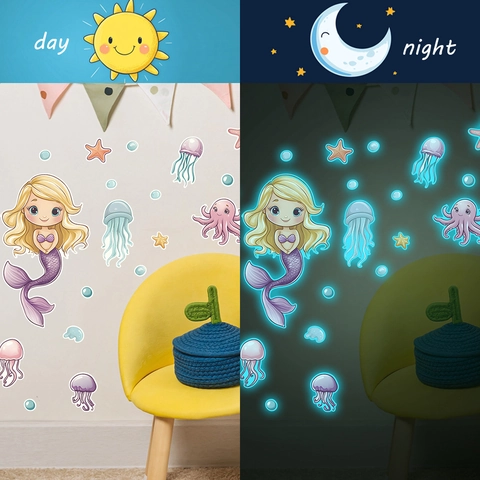 Leuchtende Meerjungfrau Wandaufkleber Ozean Thema Quallen Seestern Aufkleber Für Kinderzimmer Kindergarten Deko DIY Selbstklebend PVC Mural