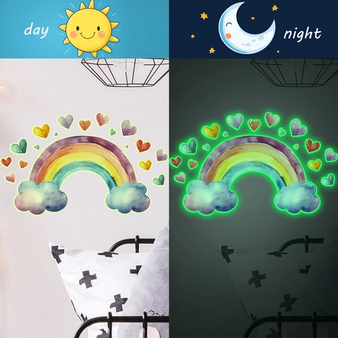 Stickers Muraux Lumineux Arc-en-ciel Nuage Cœur PVC Aquarelle Dessin Animé Décalcomanies Pour Chambre D'enfants Maison Décor