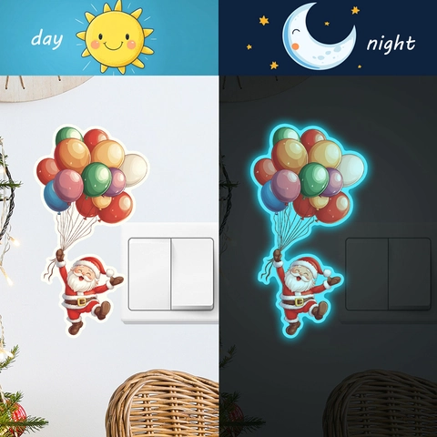 Pegatina de Pared Luminosa de Papá Noel de Dibujos Animados Globos PVC Brilla en la Oscuridad Adhesivo para Interruptor Navidad