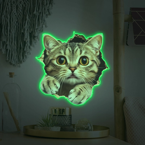 Pegatina de Pared de Gato 3D Efecto Pared Rota Brilla en la Oscuridad Fluorescente de PVC Removible para Decoración