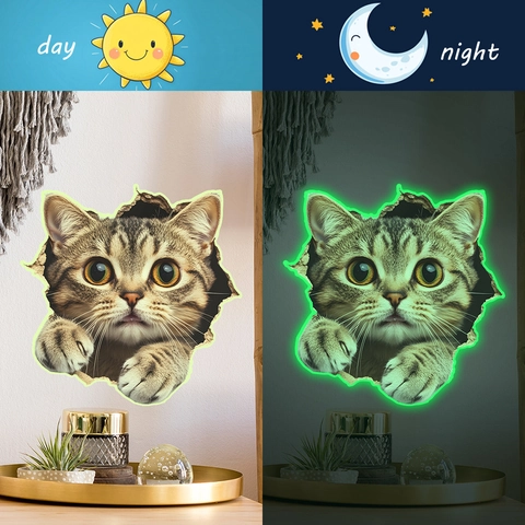 Pegatina de Pared de Gato 3D Efecto Pared Rota Brilla en la Oscuridad Fluorescente de PVC Removible para Decoración