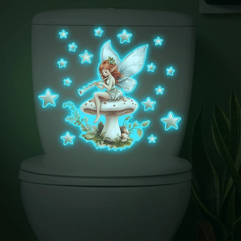 Adesivo per WC Fluorescente Fata Fungo Stelle Adesivo Murale Luminoso in PVC Rimovibile per Decorazione Bagno Casa