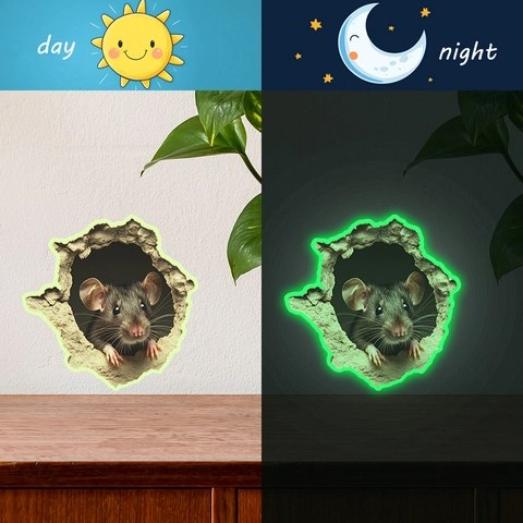3D Buco Nel Muro Topolino Adesivo da Parete Fluorescente Al Buio Luminous PVC Decalcomania per Cameretta Soggiorno Casa Arredo