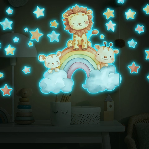 Cartoon Tiere Regenbogen Sterne Leuchten Im Dunkeln Wandaufkleber PVC Leuchtende Fluoreszierende Wandtattoos Für Kinderzimmer Dekor