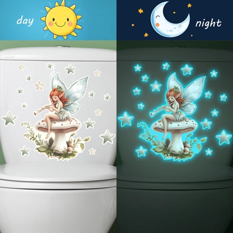 Adesivo per WC Fluorescente Fata Fungo Stelle Adesivo Murale Luminoso in PVC Rimovibile per Decorazione Bagno Casa