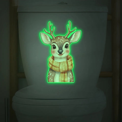 Adesivo per WC Cerbiatto Cartone Animato Luminoso Glow In The Dark PVC Impermeabile Adesivo da Parete Bagno Decorazione