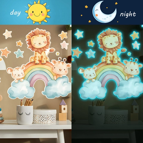 Cartoon Tiere Regenbogen Sterne Leuchten Im Dunkeln Wandaufkleber PVC Leuchtende Fluoreszierende Wandtattoos Für Kinderzimmer Dekor