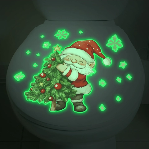 Adesivo per Gabinetto Babbo Natale con Albero Fluorescente PVC Impermeabile Removibile Decalcomania da Parete per Bagno Casa Decorazione