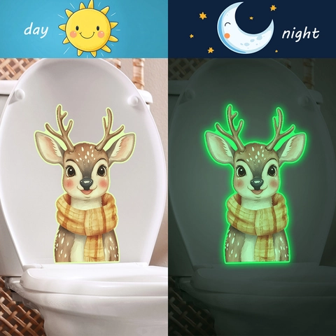 Adesivo per WC Cerbiatto Cartone Animato Luminoso Glow In The Dark PVC Impermeabile Adesivo da Parete Bagno Decorazione