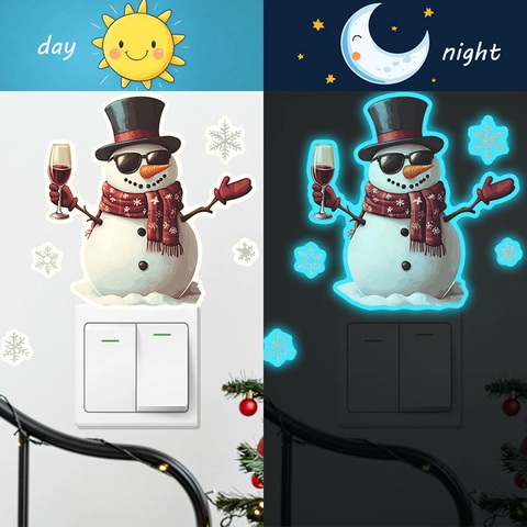 Autocollant Mural Bonhomme de Neige de Noël Lumineux Décoration Interrupteur Amovible en PVC Dessin Animé Bonhomme de Neige Lunettes de Soleil pour Fête Maison