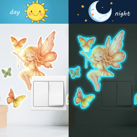 Adesivo da Parete Luminoso Fata Farfalla Cartone Animato Decorazione Interruttore Fluorescente Decalcomania PVC Rimovibile